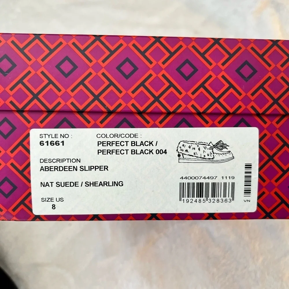 Tory Burch Aberdeen Shearling Slippers Black Suede Bow NIB Size 8